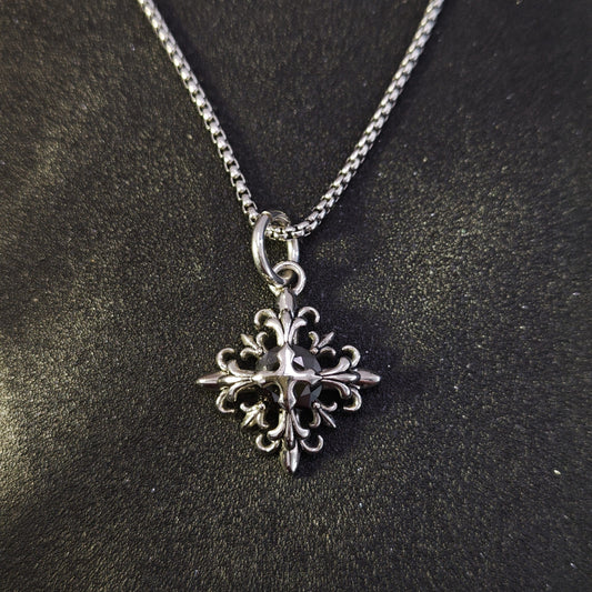 316 Stainless Steel Cross Flower Gemstone Pendant Necklace | Trendy Unisex Design, 65cm Chain(GS-20250912-8)