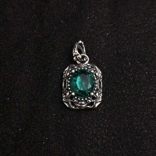 Vintage Oxidized Natural Gemstone Pendant Necklace | Luxury Trendy Unisex Hip-Hop Style with Sterling Silver Chain（YS-20250926-3）