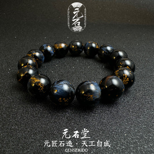 コレクターグレードの天然ピーターサイト 14MM ビーズブレスレット、キャッツアイ効果、嵐の星空と宇宙が散らばったゴールドの油絵