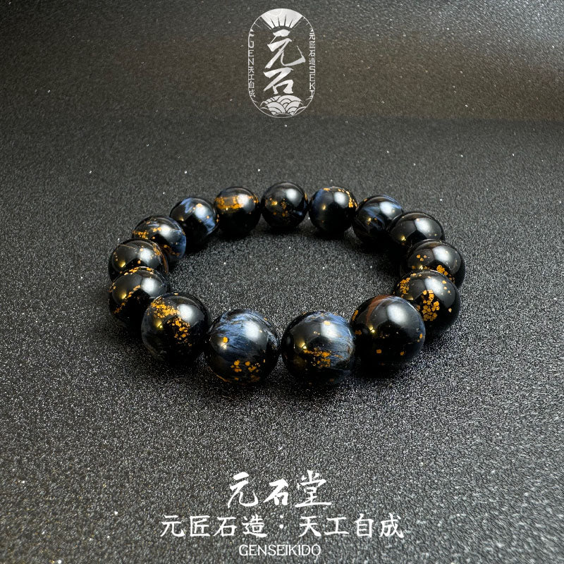 Collectible Grade Natural Pietersite 14MM Bead Bracelet with Cat's Eye Effect, Stormy Starry Sky and Universe Scattered Gold Oil Painting