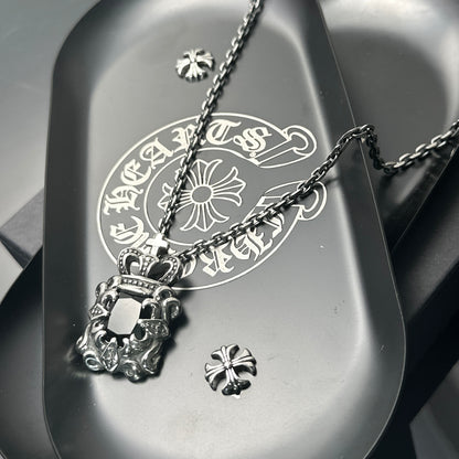 Vintage Crown Black Gem 316 Stainless Steel Pendant Necklace | Unisex Punk Fashion, 65cm Chain（GS-20250912-9）