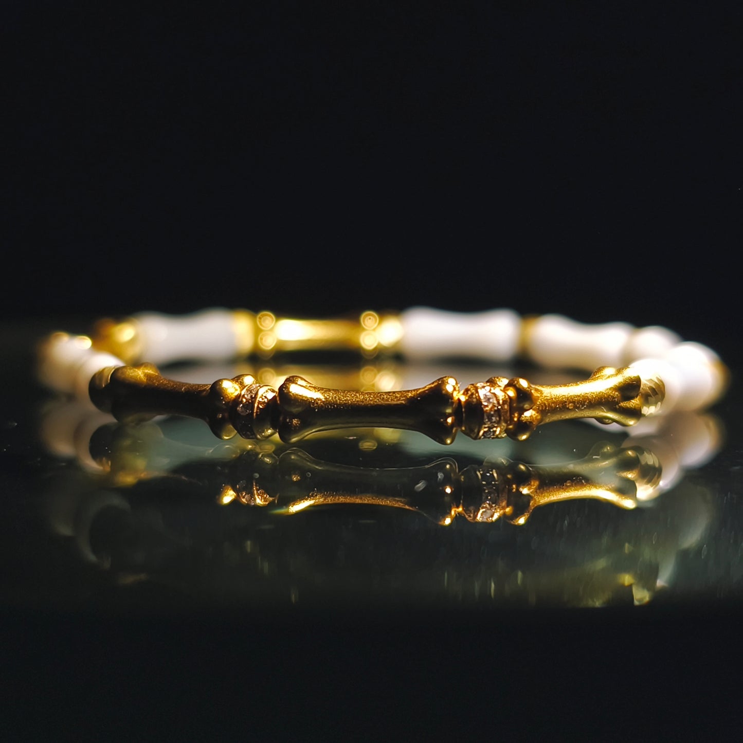 Integrity- Mother of Pearl & Gold-Plated Silver Bone with Gold Bead Bracelet(IN-250303-A)