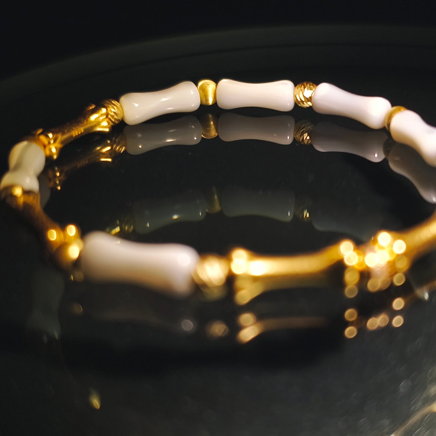 Integrity- Mother of Pearl & Gold-Plated Silver Bone with Gold Bead Bracelet(IN-250303-A)