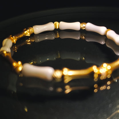 Integrity- Mother of Pearl & Gold-Plated Silver Bone with Gold Bead Bracelet(IN-250303-A)