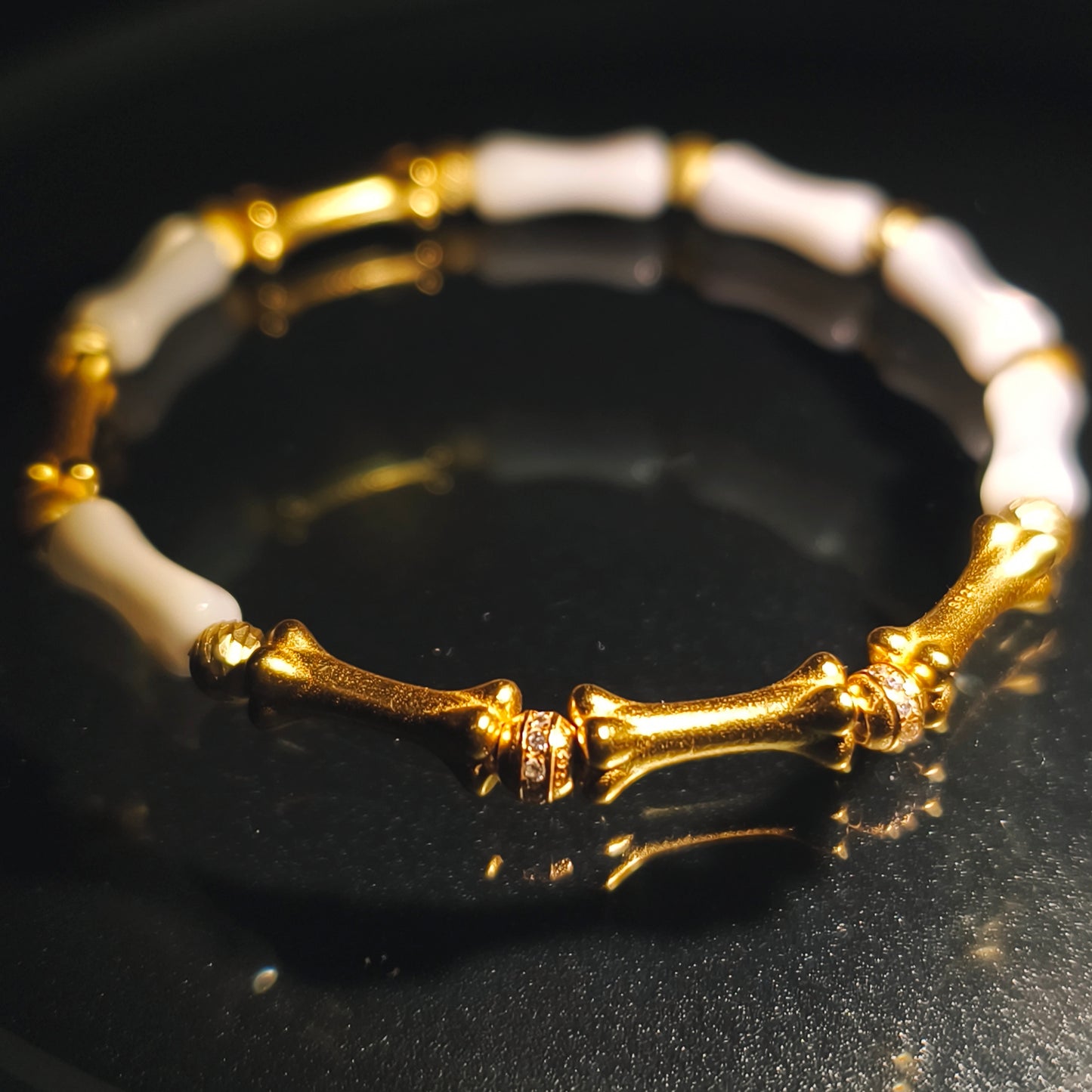 Integrity- Mother of Pearl & Gold-Plated Silver Bone with Gold Bead Bracelet(IN-250303-A)