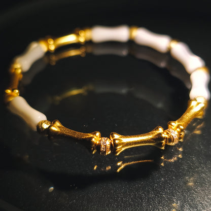 Integrity- Mother of Pearl & Gold-Plated Silver Bone with Gold Bead Bracelet(IN-250303-A)
