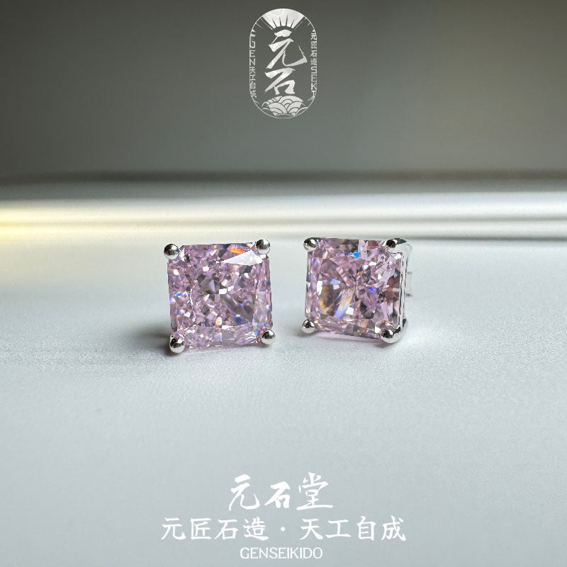 925 Sterling Silver Plated Square Four-Prong Ice Flower Cut Pink High Carbon Diamond Earrings