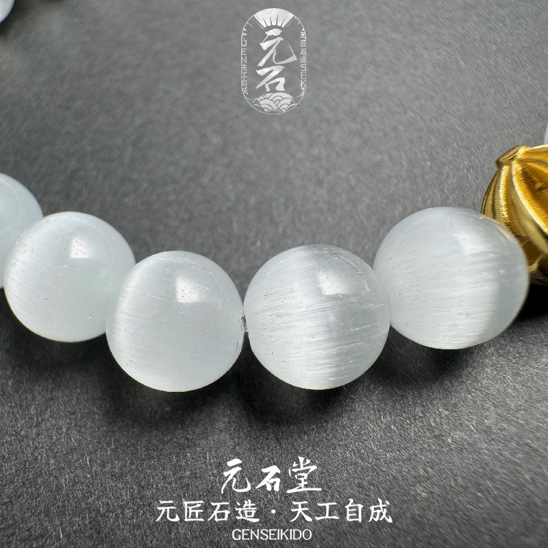 8MM ホワイトキャッツアイ 925 スターリングシルバー ヘビーゴールドメッキブレスレット