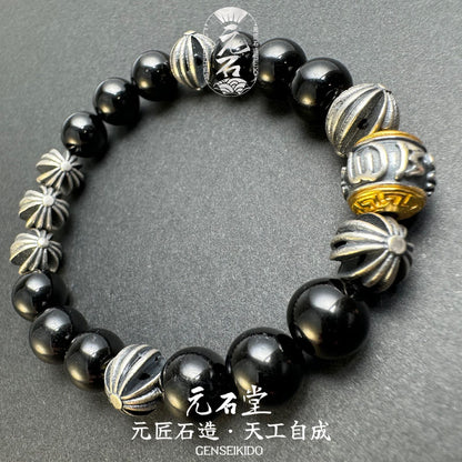 8MM 天然ブラックトルマリンと 925 スターリングシルバーのブレスレット - トレンディな和風