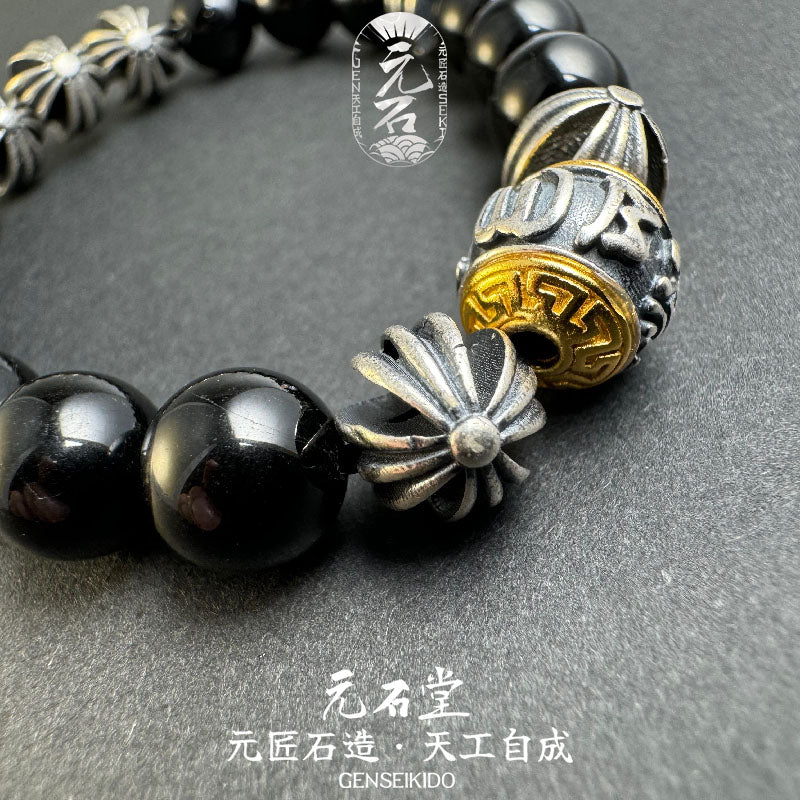8MM 天然ブラックトルマリンと 925 スターリングシルバーのブレスレット - トレンディな和風