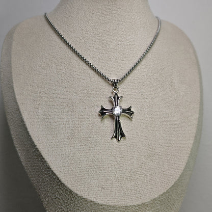 Vintage Oxidized Cross Necklace with Sword, Fleur-de-Lis & Scout Emblem Pendants | Unisex Classic Style, 65cm Chain（GS-20250912-3）